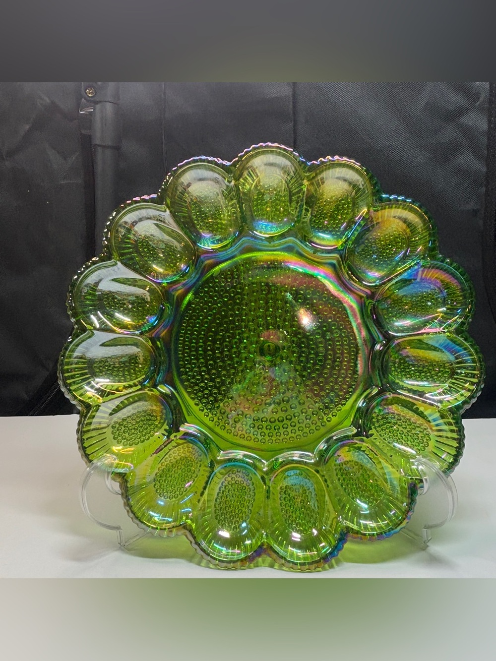 Indiana Glass Iridescent Green Carnival Hobnail Thousand Eye Egg Plate